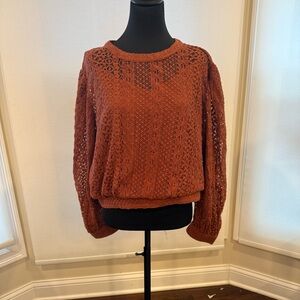 Express Rust Lace Overlay Sweater XL | Burnt Orange Crochet Knit Top